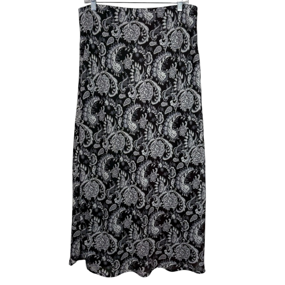 Merona Vintage Y2K Black Gray Paisley Chiffon Ruffle Hem Midi Skirt Whimsigoth